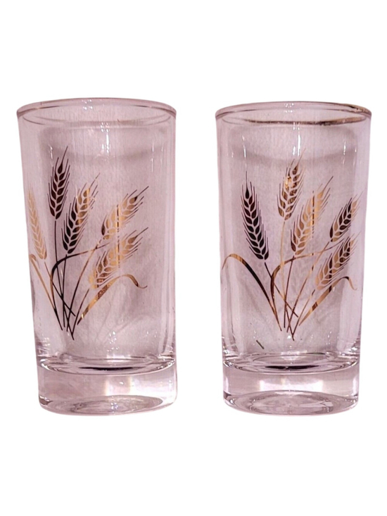 Homer Laughlin Other - Pair Homer Laughlin Wheat Juice Glasses 4 Oz Gold trim & Wheat Clear Glass 4" H
